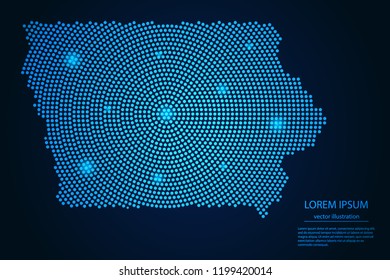 Abstract image Iowa map from point blue and glowing stars on a dark background. vector illustration. 