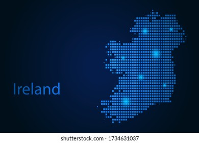 Abstract image Ireland map from pixels blue and glowing stars on a dark background. Vector illustration eps 10.