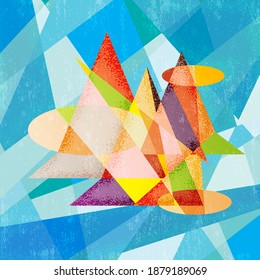 Abstract image of an island with mountains in the sea or ocean. Geometric patterns with spotted texture. Stylish modern template for poster, wallpaper, cover for book or brochure, invitation design.