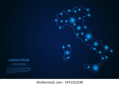 Abstract image Italy map - With Blue Glow Dots And Lines On Dark Gradient Background, 3D Mesh Polygon Network Connection, Vector Illustration Eps 10.
