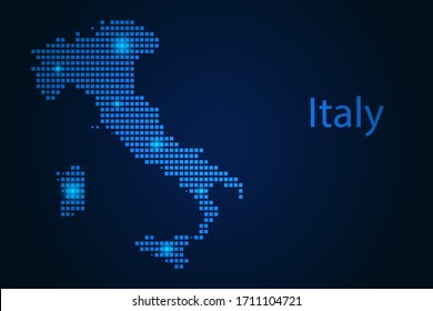 Abstract image Italy map from pixels blue and glowing stars on a dark background. Vector illustration eps 10.
