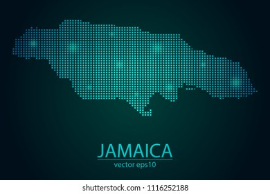 Abstract Image Jamaica Map From Pixel Emerald Green and Glowing Stars on a Dark Background. Vector illustration Eps 10.