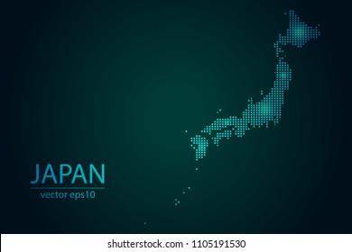 Abstract Image Japan Map From Pixel Emerald Green and Glowing Stars on a Dark Background. Vector illustration Eps 10.
