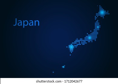 Abstract image Japan map from pixels blue and glowing stars on a dark background. Vector illustration eps 10.