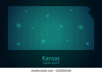 Abstract Image Kansas Map From Pixel Emerald Green and Glowing Stars on a Dark Background. Vector illustration Eps 10.