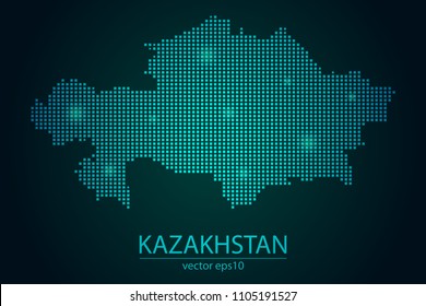 Abstract Image Kazakhstan Map From Pixel Emerald Green and Glowing Stars on a Dark Background. Vector illustration Eps 10.