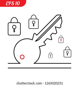 Abstract image, keys locks, symbolism depicting opportunities. Vector illustration. Key and lock icon on white background. Vector illustration.

