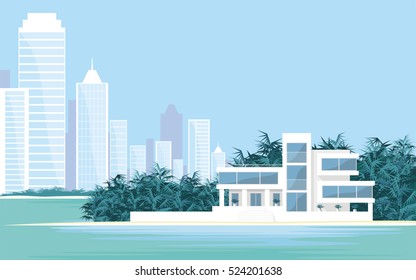 Abstract image of a large, beautiful country house on a background of a modern metropolis. Luxury Villa on the seafront, surrounded by tropical plants . Vector.