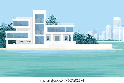 Abstract image of a large, beautiful country house on a background of a modern metropolis. Luxury Villa on the seafront, surrounded by tropical plants . Vector.