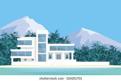 Abstract image of a large, beautiful country house. Luxury Villa on the seafront, surrounded by tropical plants . Vector background.