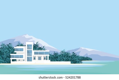 Abstract image of a large, beautiful country house . Luxury Villa on the seafront, surrounded by tropical plants . Vector background.