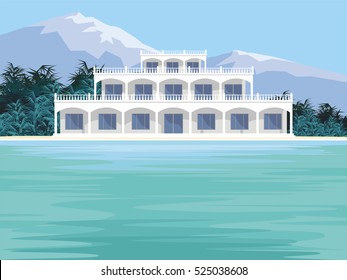 Abstract image of a large, beautiful country house. Luxury Villa on the seafront, surrounded by tropical plants . Vector background.