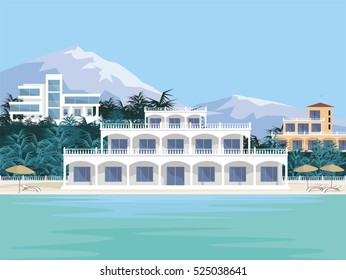 Abstract image of a large, beautiful country house. Luxury Villa on the seafront, surrounded by tropical plants. Vector background.