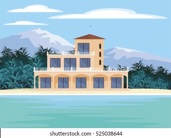 Abstract image of a large, beautiful country house. Luxury Villa on the seafront, surrounded by tropical plants . Vector background.