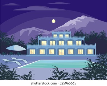 Abstract image of a large, beautiful country house. Luxury Villa in the mountains surrounded by tropical plants. Vector background.