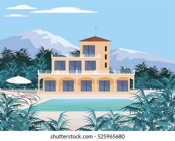 Abstract image of a large, beautiful country house. Luxury Villa in the mountains surrounded by tropical plants. Vector background.