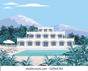 Abstract image of a large, beautiful country house. Luxury Villa in the mountains surrounded by tropical plants. Vector background.