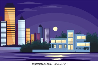 Abstract image of a large, beautiful country house. Luxury Villa on the seafront, surrounded by palm trees. Vector background.