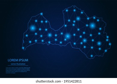 Abstract image Latvia map - With Blue Glow Dots And Lines On Dark Gradient Background, 3D Mesh Polygon Network Connection, Vector Illustration Eps 10.