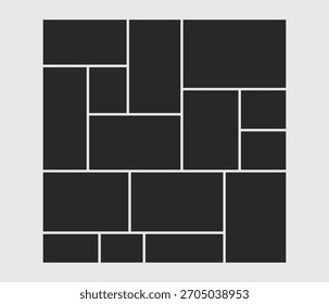 Icono de diseño de Imagen Abstractas con una compleja disposición de doce Formas rectangulares distintas listas para llenarse Este diseño representa una foto compuesta.