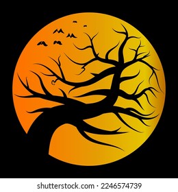 Abstract image of leafless tree painting on yellow moon on isolated black background.