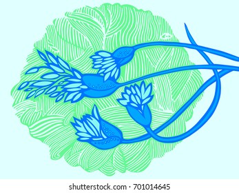 Abstract image of leaves and flowers. Vector color illustration. Image of a blue water lily on a green background.