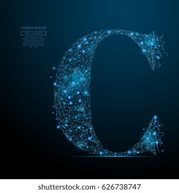 Abstract image of the letter C of a starry sky or space, consisting of points, lines, and shapes in the form of planets, stars and the universe. Vector business