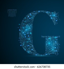 Abstract image of the letter G of a starry sky or space, consisting of points, lines, and shapes in the form of planets, stars and the universe. Vector business