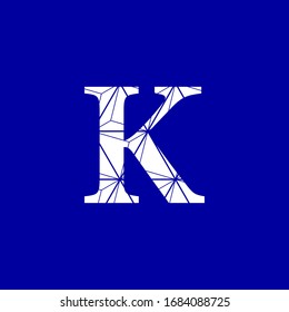 Abstract image letter K in white color on blue background, interconnected digital vector networks