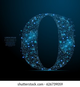 Abstract image of the letter O of a starry sky or space, consisting of points, lines, and shapes in the form of planets, stars and the universe. Vector business