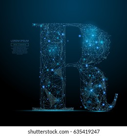 Abstract image of the letter R of a starry sky or space, consisting of points, lines, and shapes in the form of planets, stars and the universe. Vector business