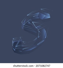 Abstract image letter S in glowing blue. Low poly, linear and triangular designs. Light wire frame connection design. Wireframe vector concept.