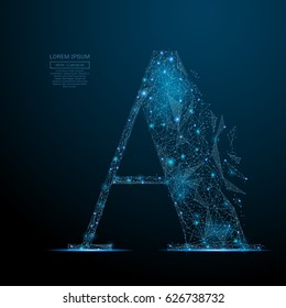 Abstract image of the letter A of a starry sky or space, consisting of points, lines, and shapes in the form of planets, stars and the universe. Vector business