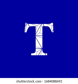 Abstract image letter T in white color on blue background, interconnected digital vector networks