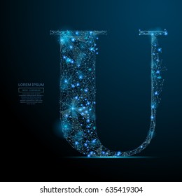 Abstract image of the letter U of a starry sky or space, consisting of points, lines, and shapes in the form of planets, stars and the universe. Vector business