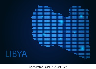 Abstract image Libya map from pixels blue and glowing stars on a dark background. Vector illustration eps 10.
