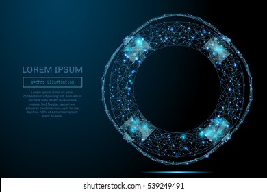 Abstract image of a lifebuoy in the form of a starry sky or space, consisting of points, lines, and shapes in the form of planets, stars and the universe. Business vector wireframe concept