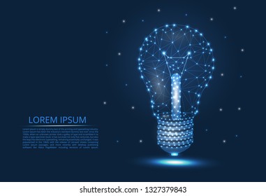Abstract image of a light bulb of lines and triangles, dots, connecting the network on a blue background, in the form of a starry sky.