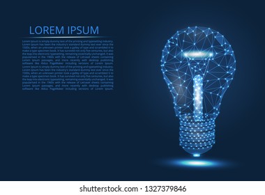 Abstract image of a light bulb of lines and triangles, dots, connecting the network on a blue background, in the form of a starry sky.