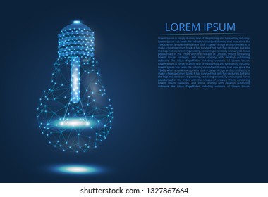Abstract image of a light bulb of lines and triangles, dots, connecting the network on a blue background, in the form of a starry sky.