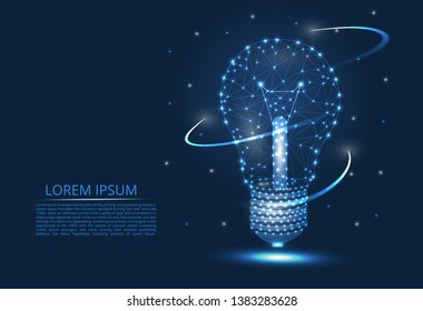 Abstract image of a light bulb of lines and triangles, dots, connecting the network on a blue background, in the form of a starry sky.