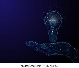 Abstract image of a light bulbs in hand in the form of a starry sky or space, consisting of points, lines, and shapes in the form of planets, stars and the universe. Low poly vector background.
