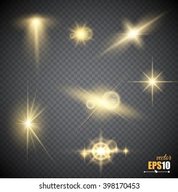 Abstract image of lighting flare. Set of golden lights