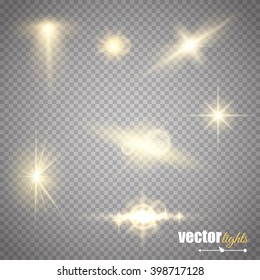 Abstract image of lighting flare. Set of golden lights