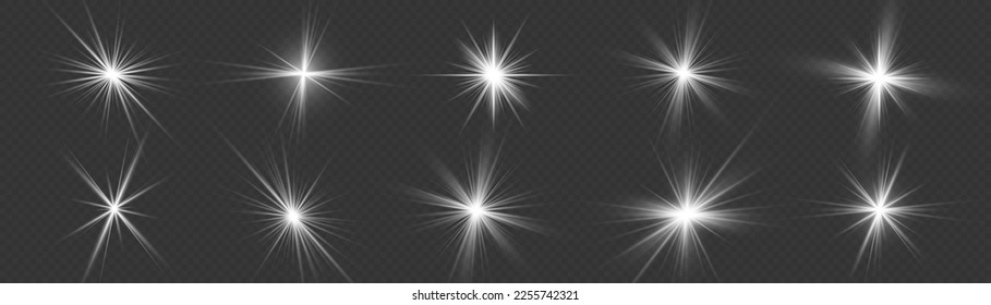 Abstract image of lighting flare and white stars. Glow light effect set, lens flare, explosion, glitter, line, sun flash, spark and star. Glowing light bursts with sparkles. Vector illustration.