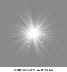 Abstract image of lighting flare and white stars. Glowing light bursts with sparkles. Glow light effect set, lens flare, explosion, glitter, line, sun flash, spark and star. Vector illustration.