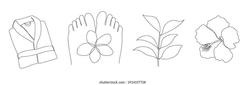 Abstract Image In A Linear Style Of Feet, A Bathrobe,a Plant And A Flower. Vector Illustration.