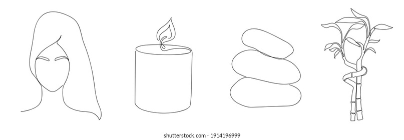 Abstract image in a linear style of a woman, a candles, stones and a bamboo plant. Vector illustration.