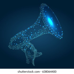 Abstract image of a loudspeaker in the form of a starry sky or space, consisting of points, lines, and shapes in the form of planets, stars and the universe. Vector business. Megaphone Hand.