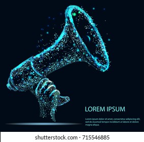 Abstract image of a loudspeaker in the form of a starry sky or space, consisting of points, lines, and shapes in the form of planets, stars and the universe. Vector business.